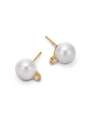 Diamond & Cultured Freshwater Pearl Stud Earrings in 14K Yellow Gold, 0.10 tcw