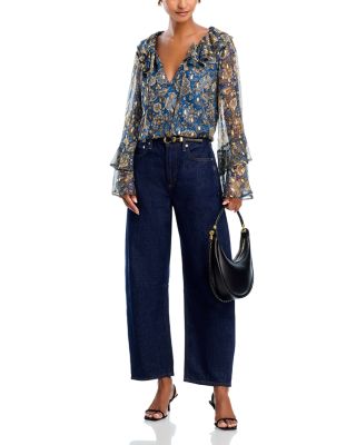 Block Floral Metallic Dot Ruffle Tie Front Blouse - Exclusive