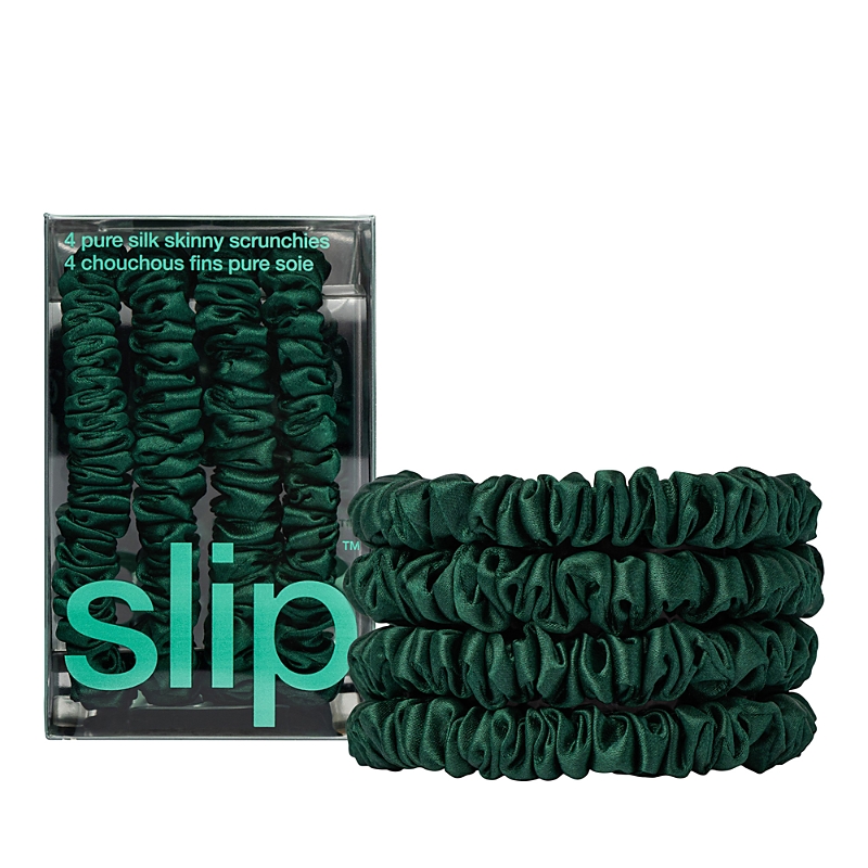 Slip Pure Silk Back To Basics Skinny Scrunchies In Forest, Set Of 4 In Green