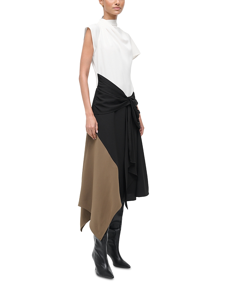 Staud Davina Colorblock Draped Crepe Midi Dress In Black