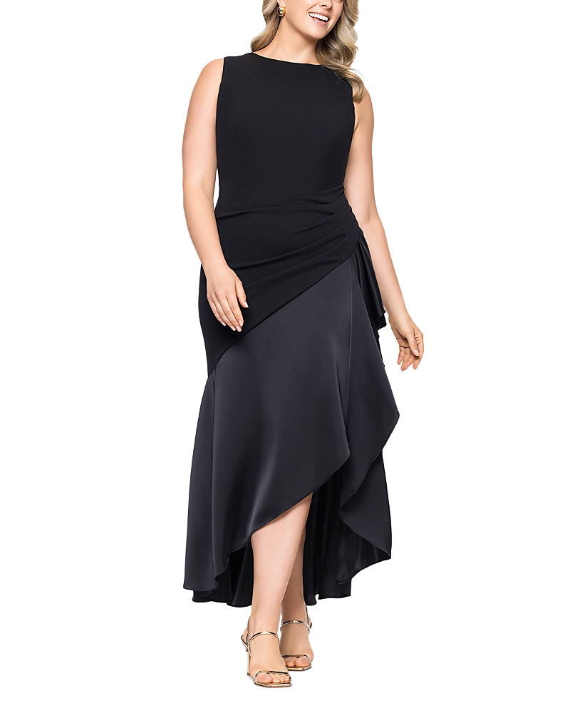 Betsy & Adam Plus Mixed Media Ruffle Gown