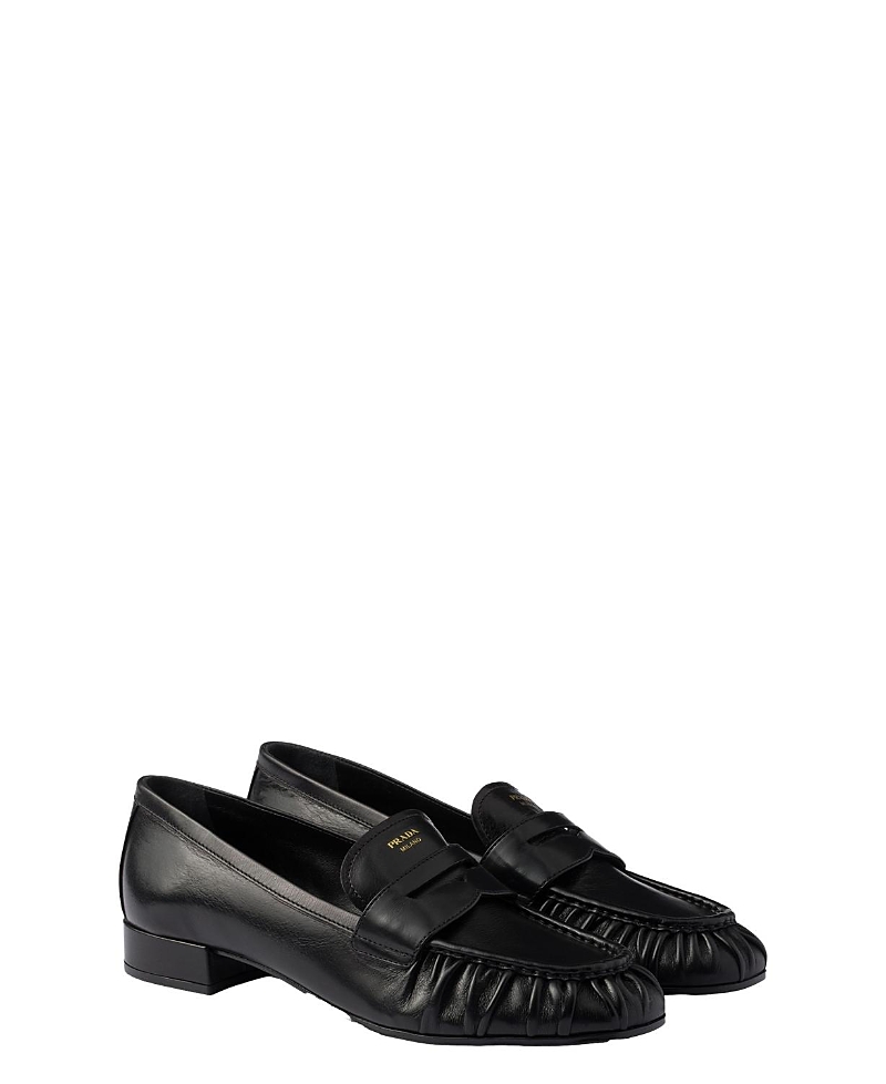 Prada Rounded Toe Loafers With Textured Detailing And Low Block Heel In Black