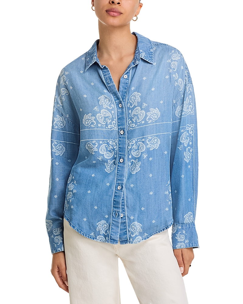 Bella Dahl Boyfriend Paisley Oversize Denim Button-up Shirt In Blue