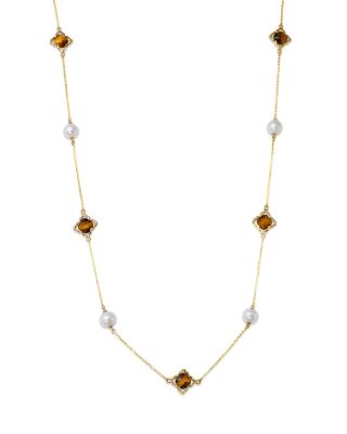Tiger Eye & Cultured Freshwater Pearl Necklace in 14K Yellow Gold, 22"