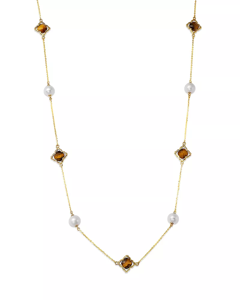Bloomingdale's Fine Collection Tiger Eye & Cultured Freshwater Pearl Necklace in 14K Yellow Gold, 22