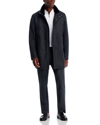 Diagonal Wool &amp; Nylon Overcoat with Removable Faux Fur Collar