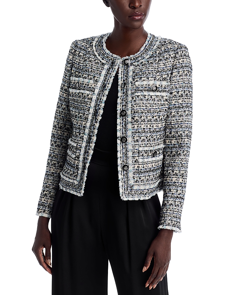 Elie Tahari The Dakota Fringe Trim Tweed Jacket In Gray