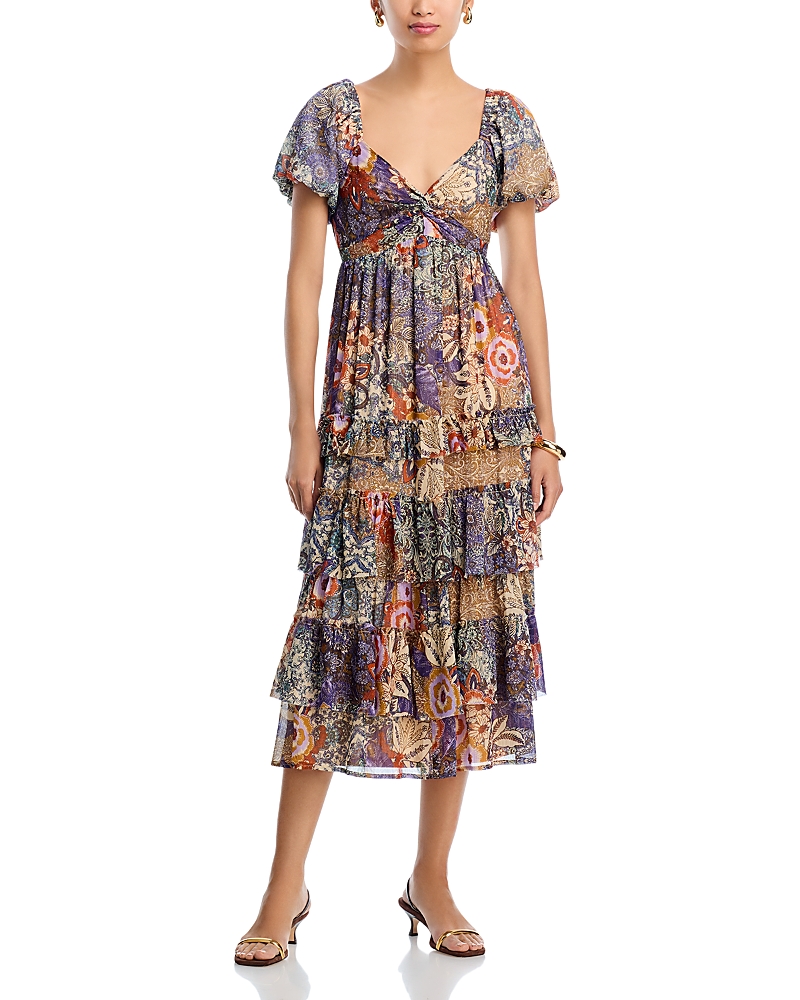 Aqua Metallic Floral Print Midi Boho Dress - Exclusive In Multi