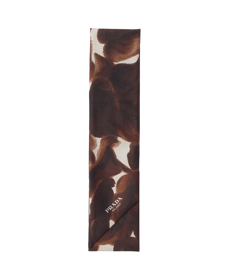 Prada Printed Silk Shantung Skinny Scarf In Brown