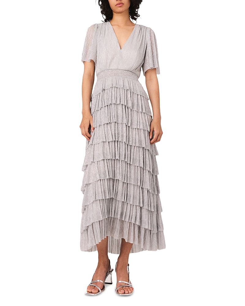 Maje Womens Ruffled V-neck Metallic-woven Maxi Dress Silver In Gray