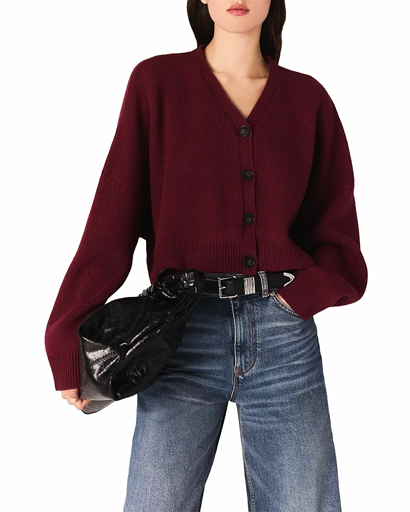 Maje Cropped Wool-blend Cardigan In Burgundy