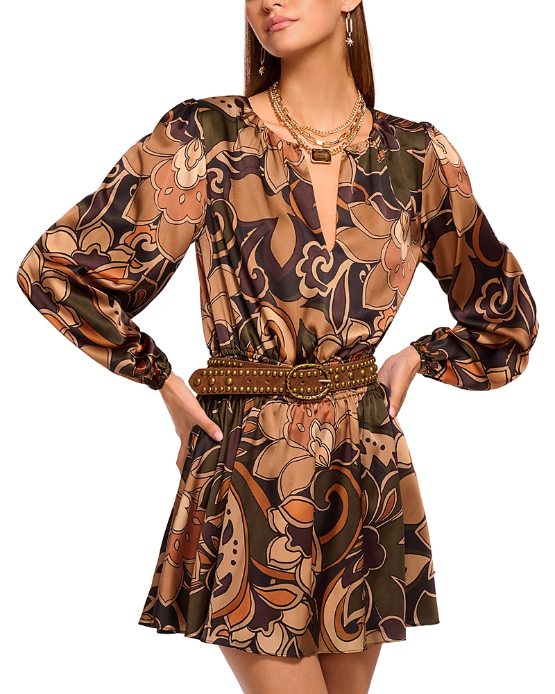 Ramy Brook Gloria Print Long Sleeve Stretch Silk Minidress In Brown