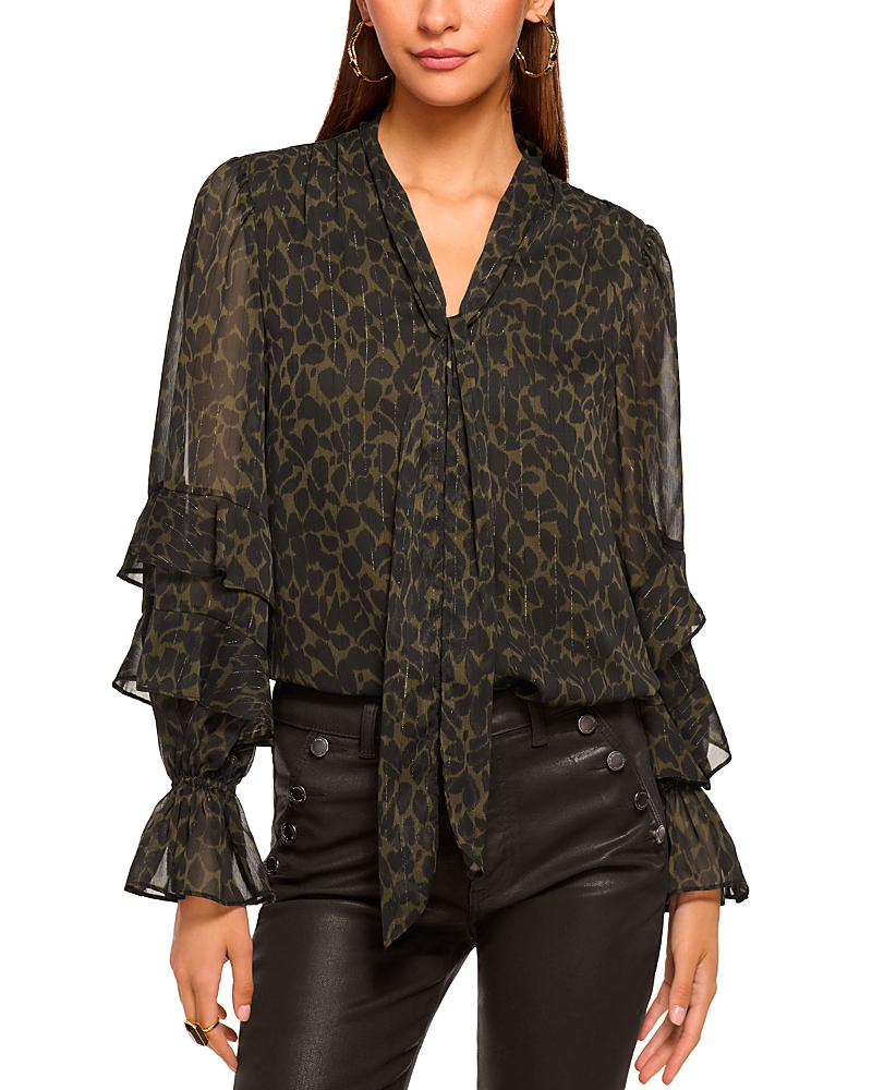 Ramy Brook Bonnie Metallic Stripe Leaf Print Top In Brown