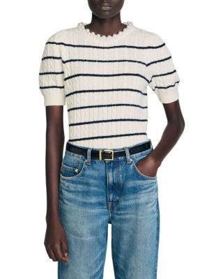 Faux Pearl Collar Striped Sweater