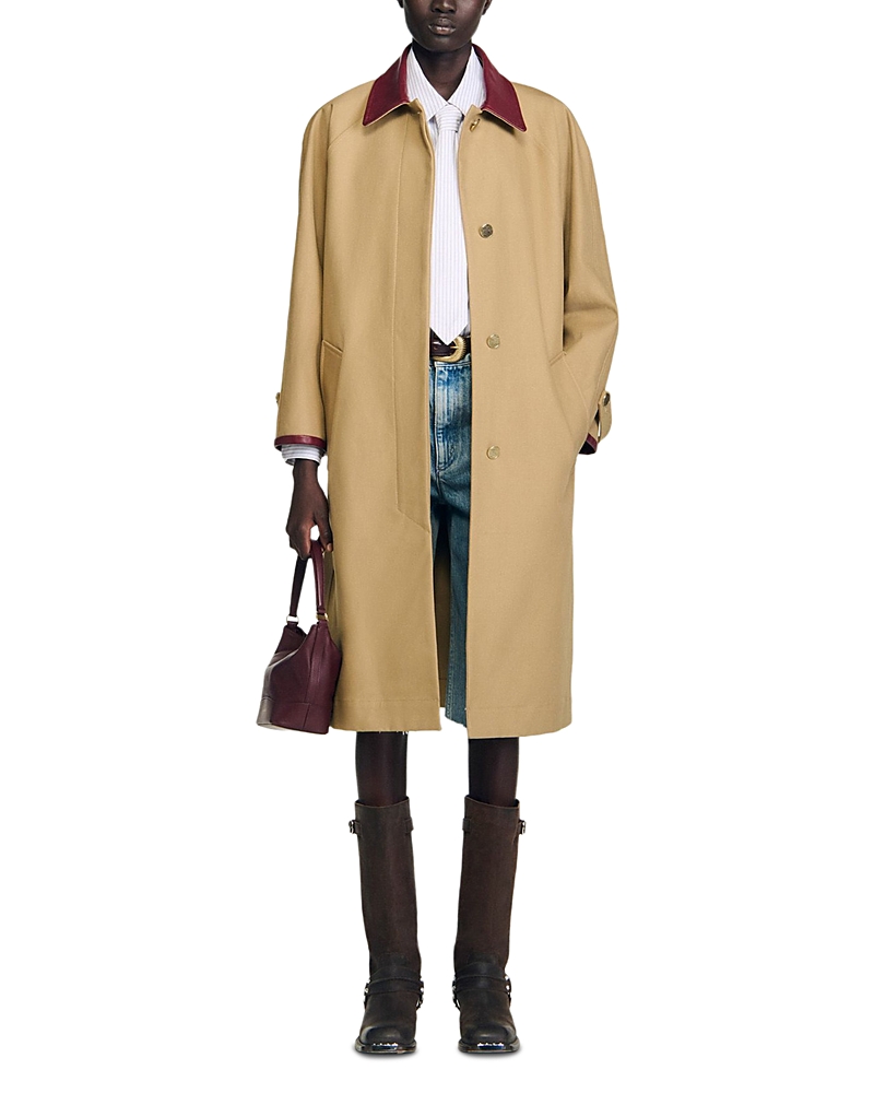 Sandro Womens Beige Leather-collar Side-pocket Cotton Coat In Neutral
