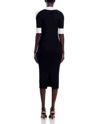 Elbow Sleeve Split V Neck Collar Rib Dress with Contrast Trim