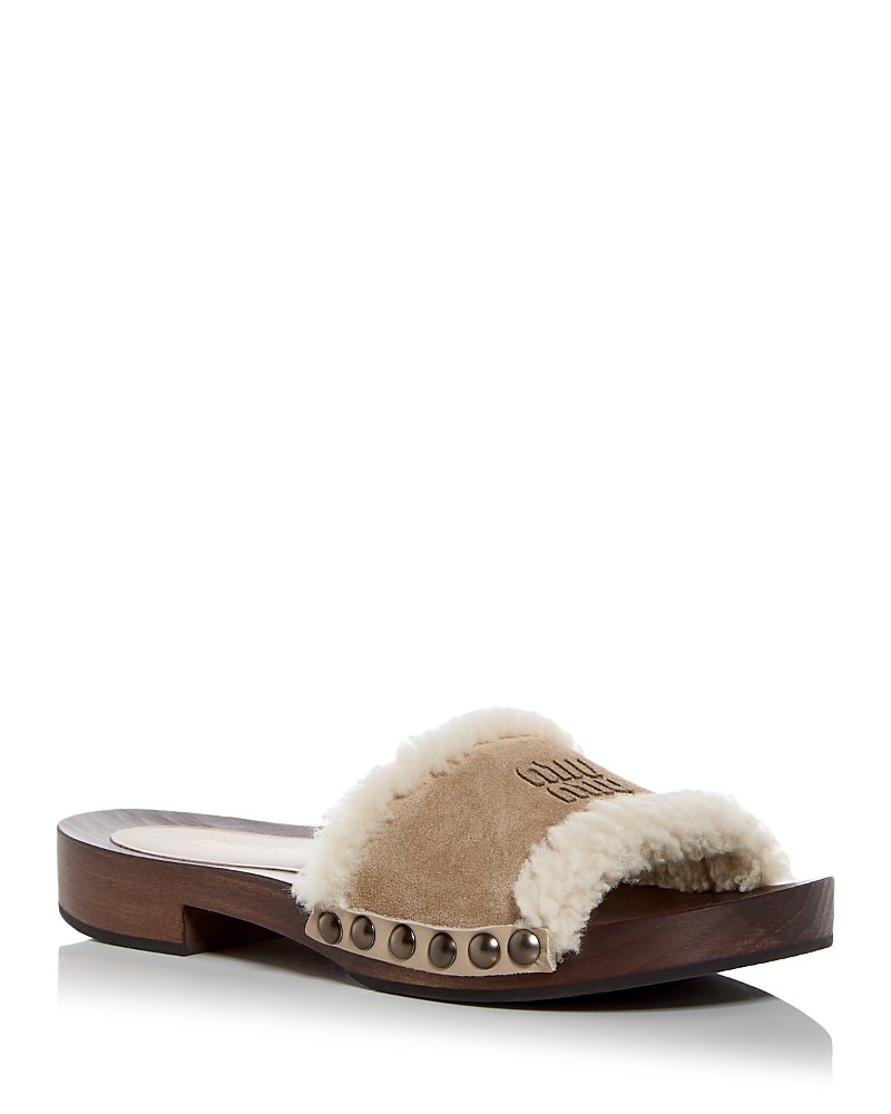 Miu Miu Women's Shearling Clogs In Brown