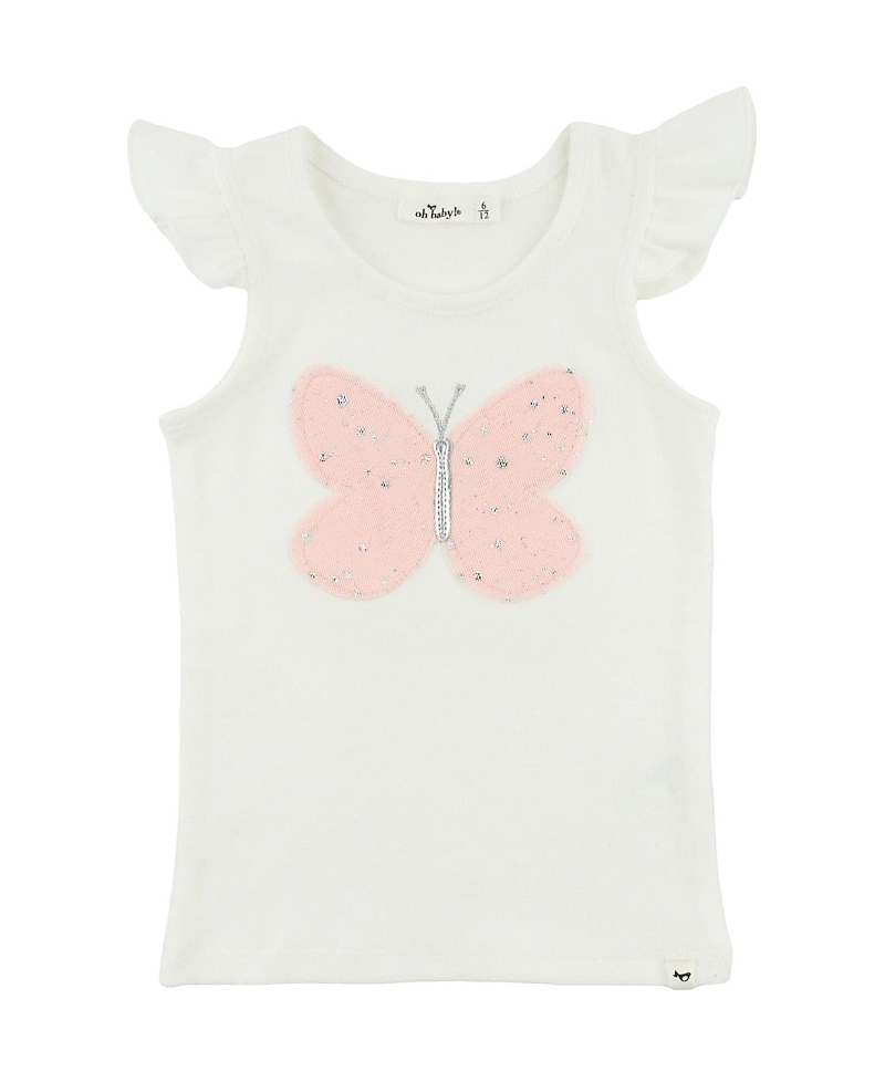 Oh Baby ! Girls' Butterfly Fleck Tulle Applique Flutter Tank - Little Kid In White