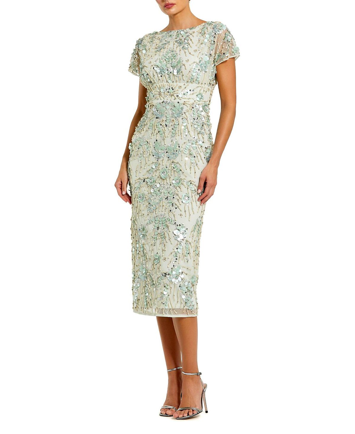 Mac Duggal Embellished Mesh Cap Sleeve Midi Dress