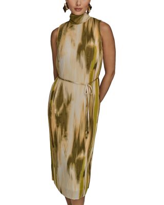 Sleeveless Mock Neck Pleated Midi Dress