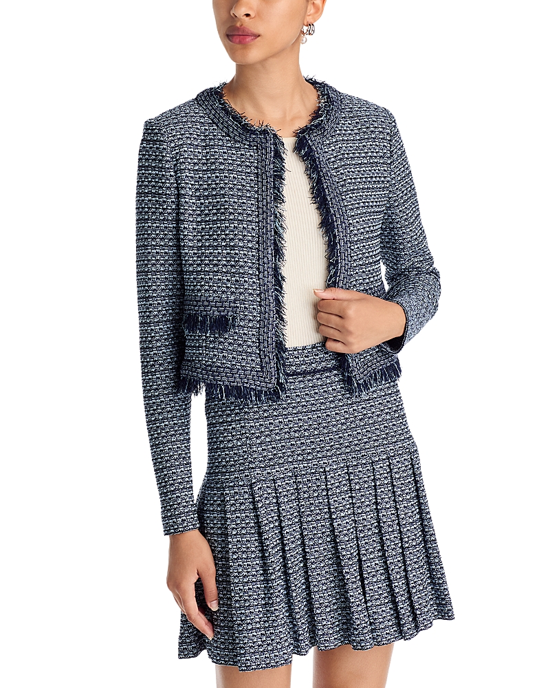 Misook Tweed Knit Fringe Trim Jacket In Blue