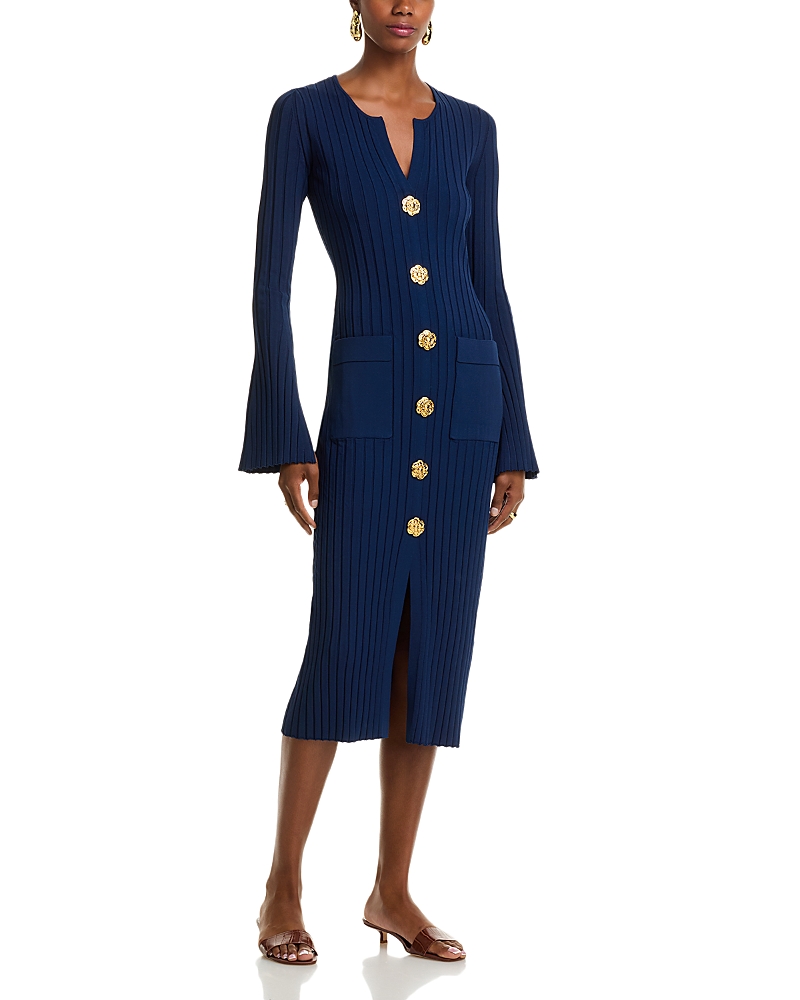 Cara Cara Aron Dress V Neck Button Front Slim Long Sleeve Midi Stretch Bodycon Dress In Blue