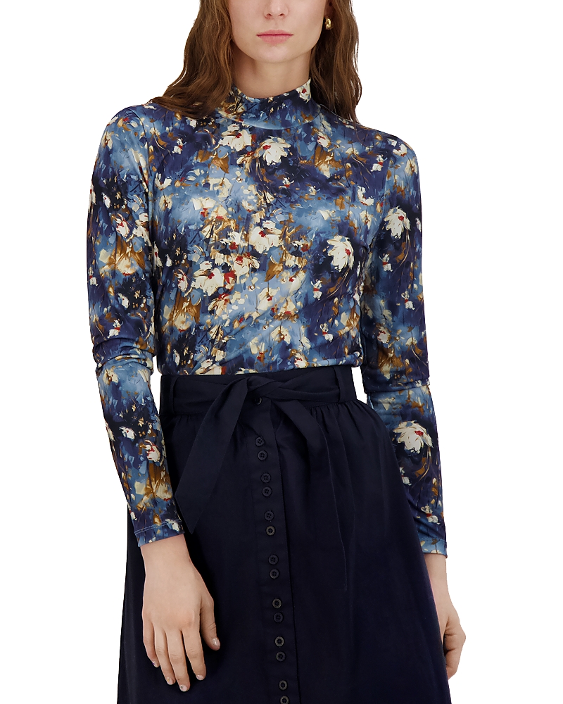 Point Printed Mock Neck Top In Blue