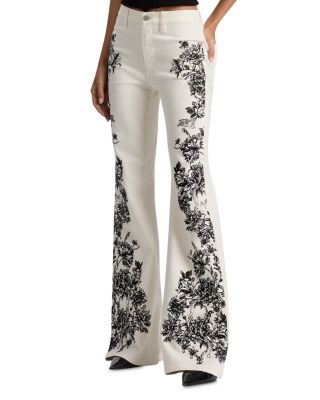 High Rise Embroidered Wide Leg Jeans in Off White Black