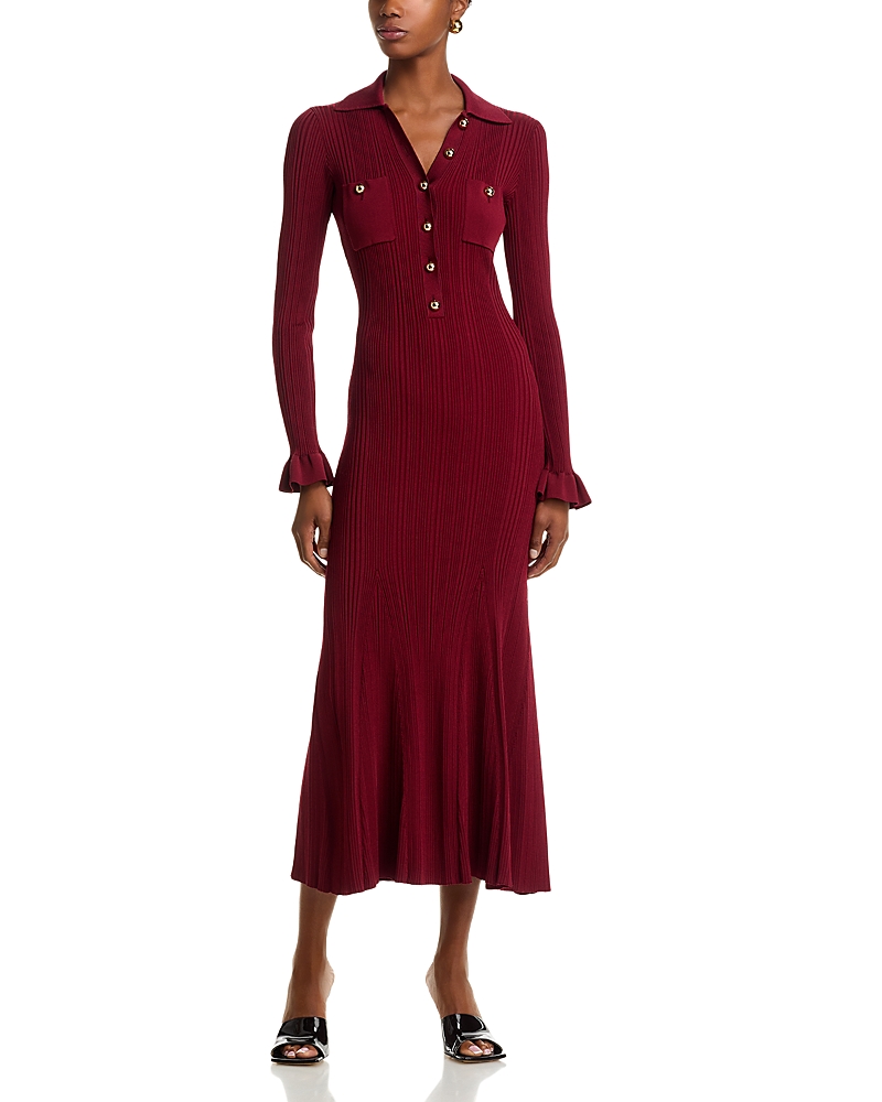 Self-portrait Fitted Ribbed Maxi Dress With Classic Collar In Red