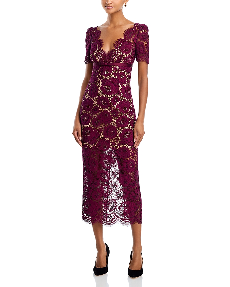 Self-portrait Womens Burgundy Floral Lace Bow-embellished Woven Midi Dress In Purple
