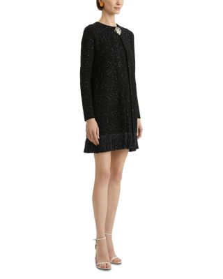 Long Tweed Textured Jacket with Fringe Edges