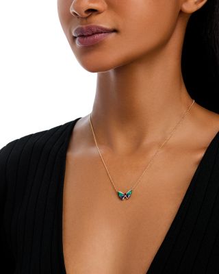 Pink Tourmaline, Lapis Lazuli, Malachite & Diamond Butterfly Necklace in 14K Yellow Gold, 16-18"