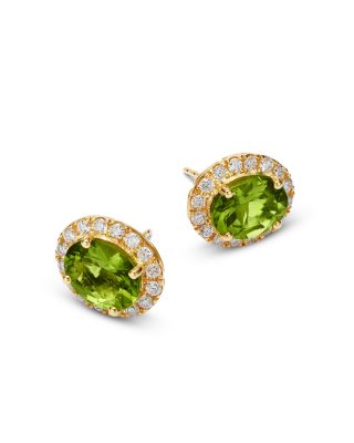 Peridot & Diamond Halo Stud Earrings in 14K Yellow Gold