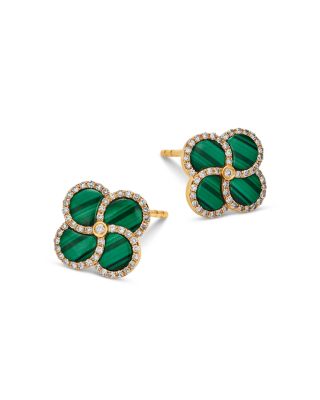 Malachite & Diamond Clover Stud Earrings in 14K Yellow Gold