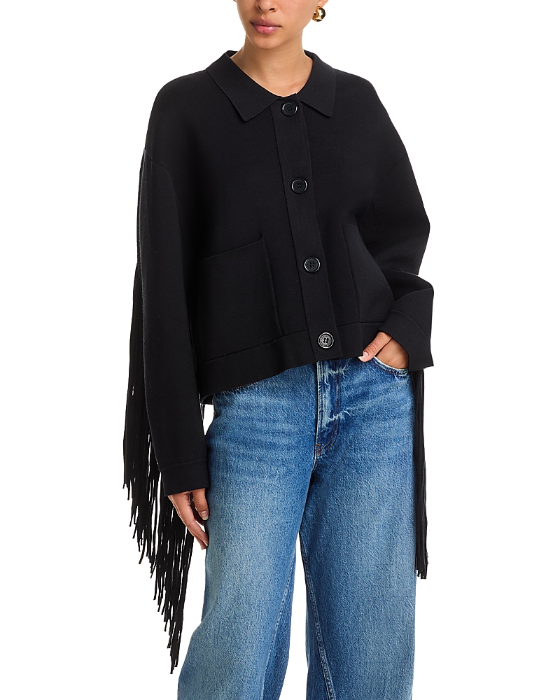 Essentiel Antwerp Navy Cropped Knitted Jacket With Fringe Details In Blue
