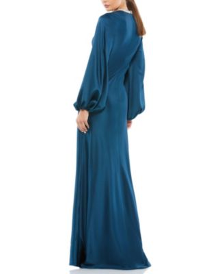 Satin Long Blouson Sleeve Evening Gown