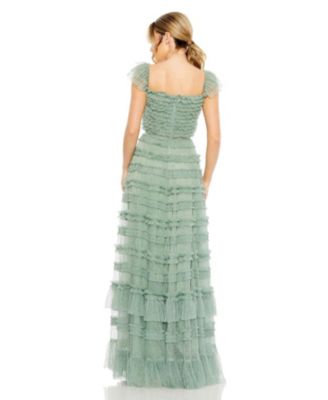 Ruffle Cap Sleeve Embellished Tiered Gown