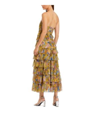 Ruffle Mesh Strapless Midi Dress