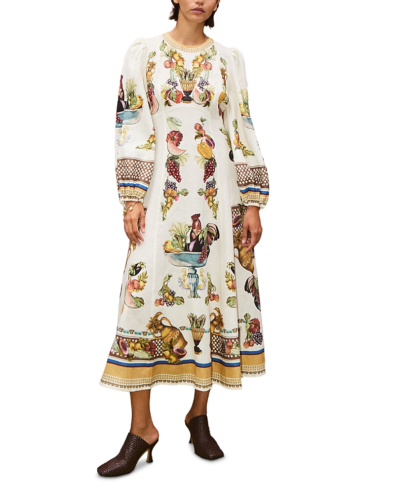Alemais Mercado Fruit-print Puff-sleeve Midi Dress In Neutral