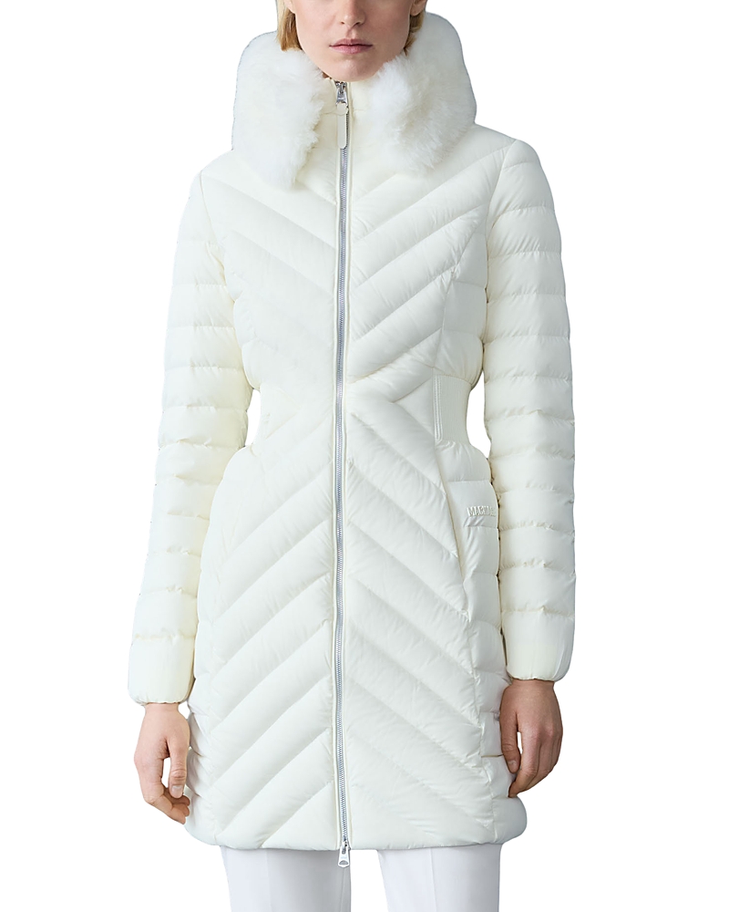 Mackage Water Repellent Chevron Quilted Down Coat With Removable Genuine Shearling Collar In White