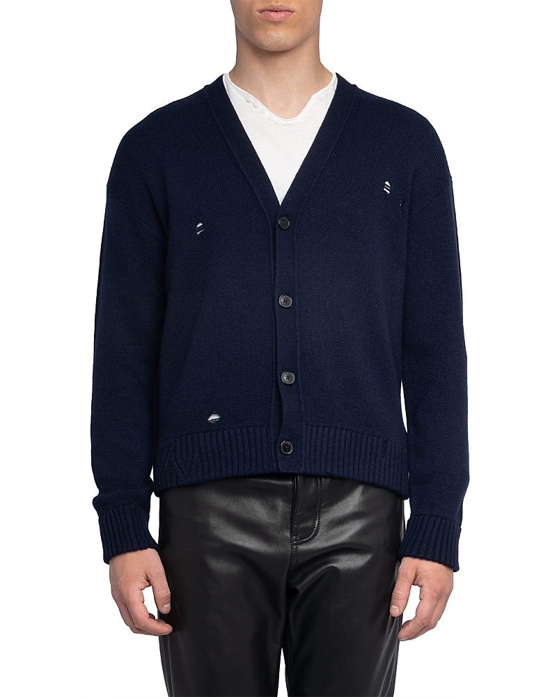 Zadig & Voltaire Mirko Lc Destroy Wool Blend Cardigan In Blue