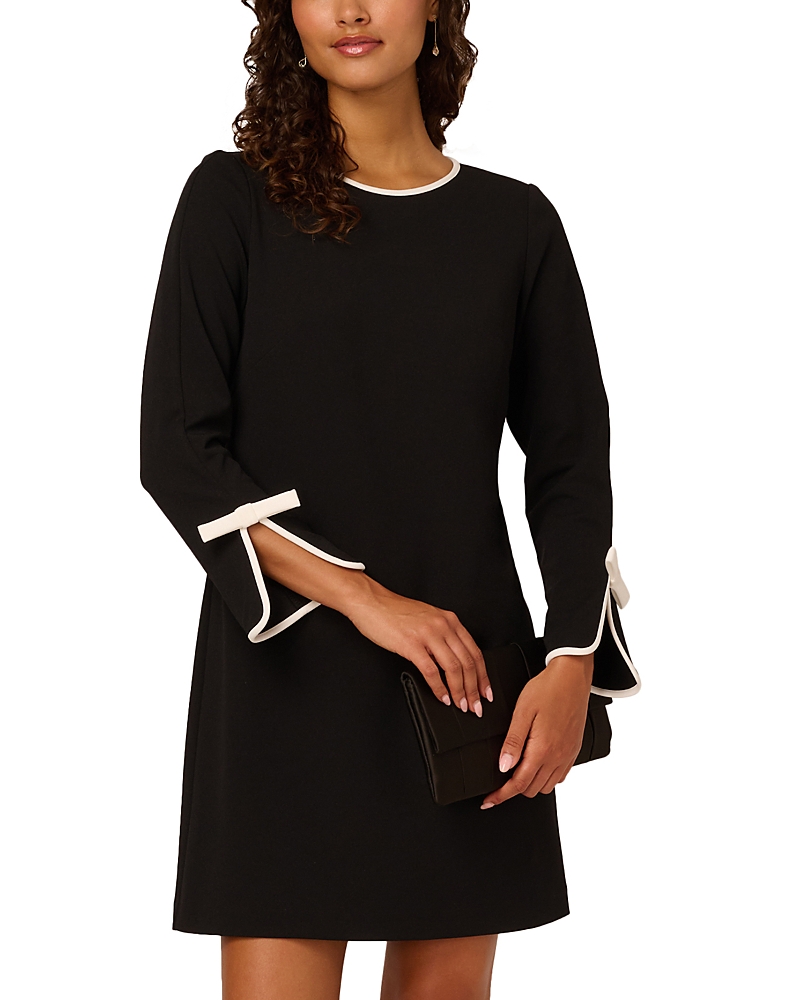 Adrianna Papell Long Sleeve Contrast Trim Crepe Dress In Black