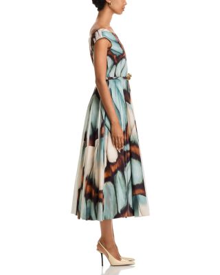 Scoop Neck Butterfly Poplin Pleated Dress 