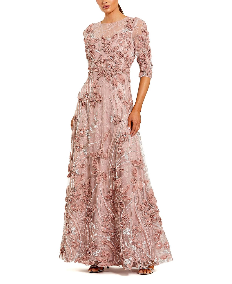 Mac Duggal 3/4 Sleeve High Neck Embroidered A-line Gown In Pink