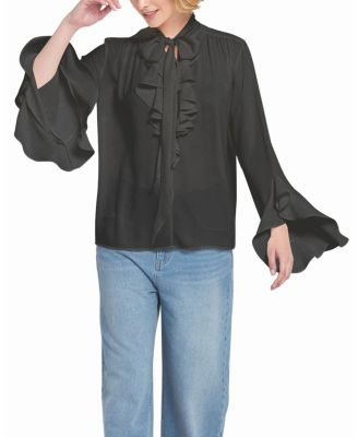 Flounce Trimmed Tie Neck Blouse