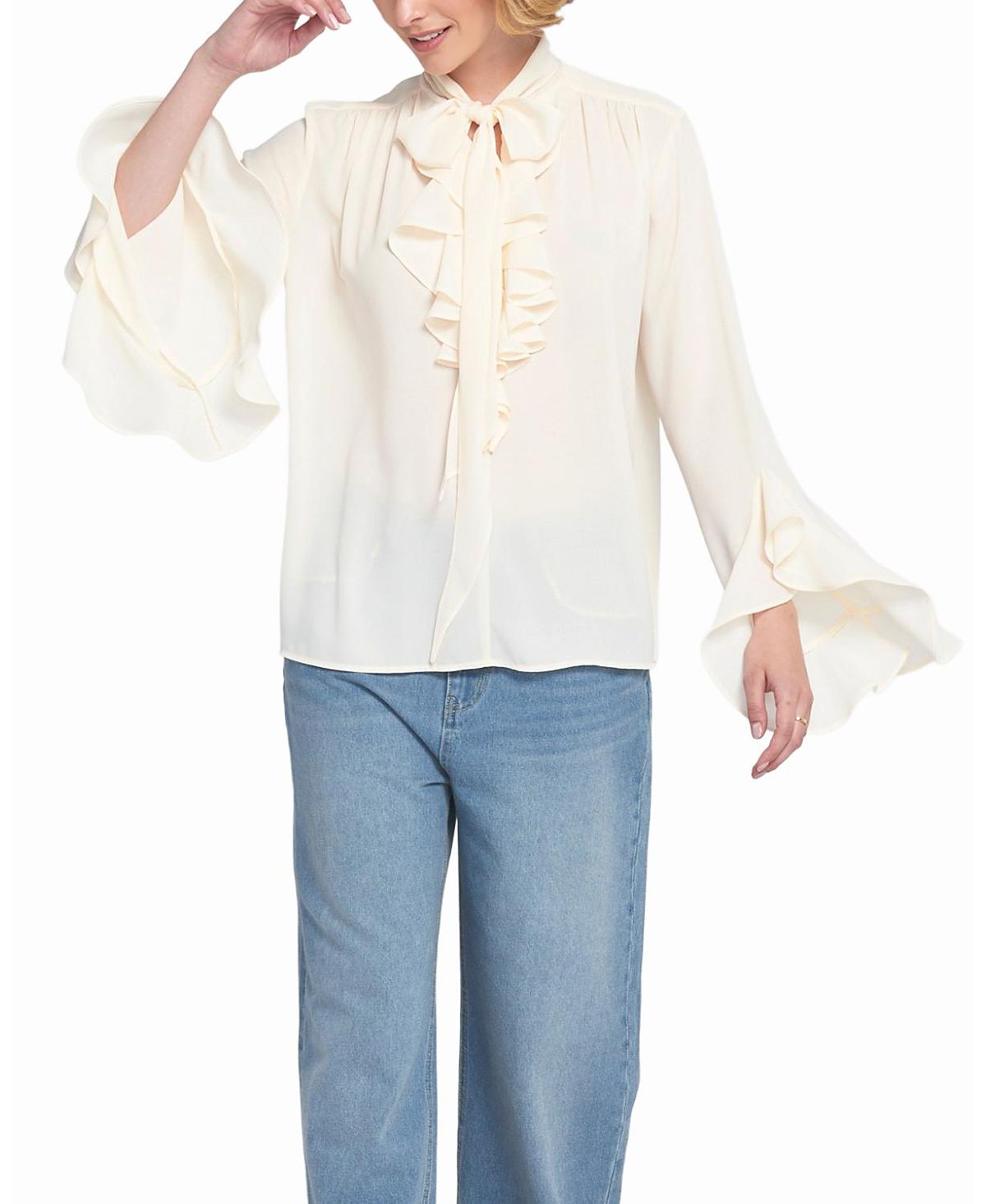 Elle Collection Flounce Trimmed Tie Neck Blouse