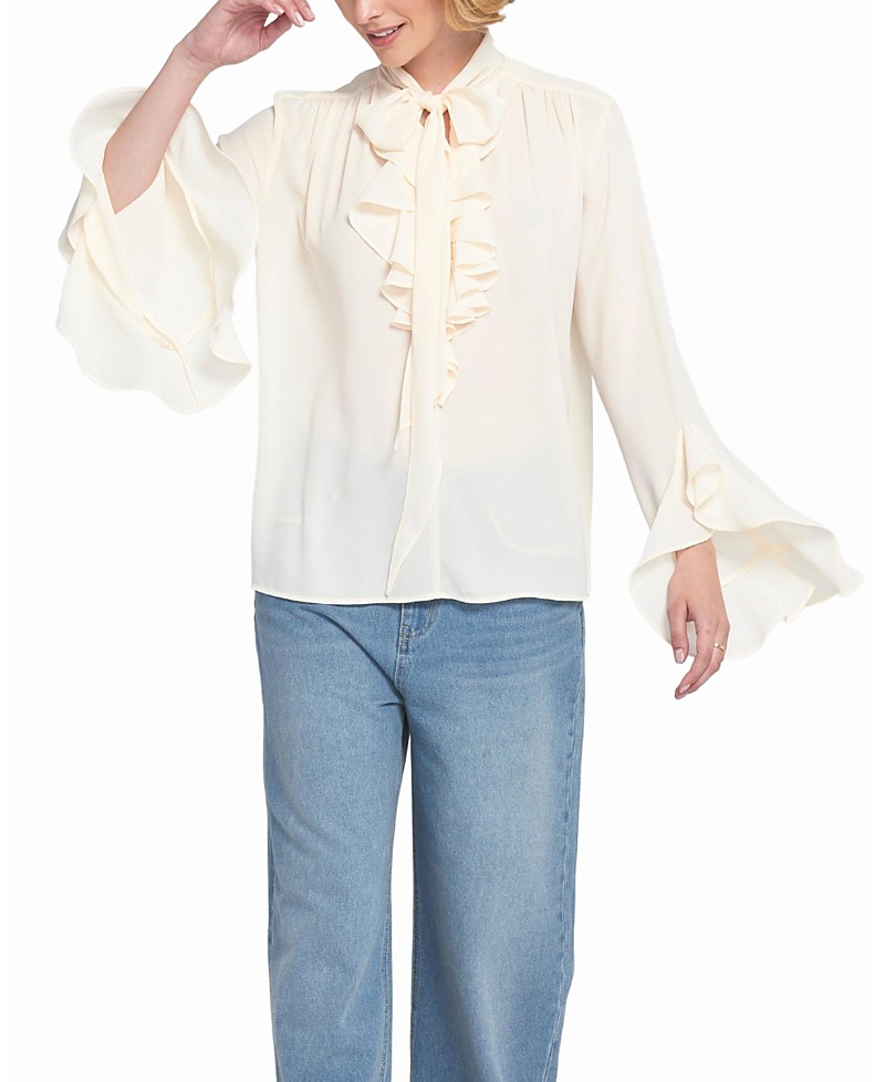 Elle Collection Flounce-trimmed Tie-neck Blouse Top In White