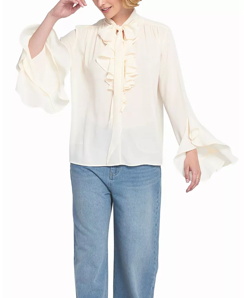 Elle Collection Flounce Trimmed Tie Neck Blouse