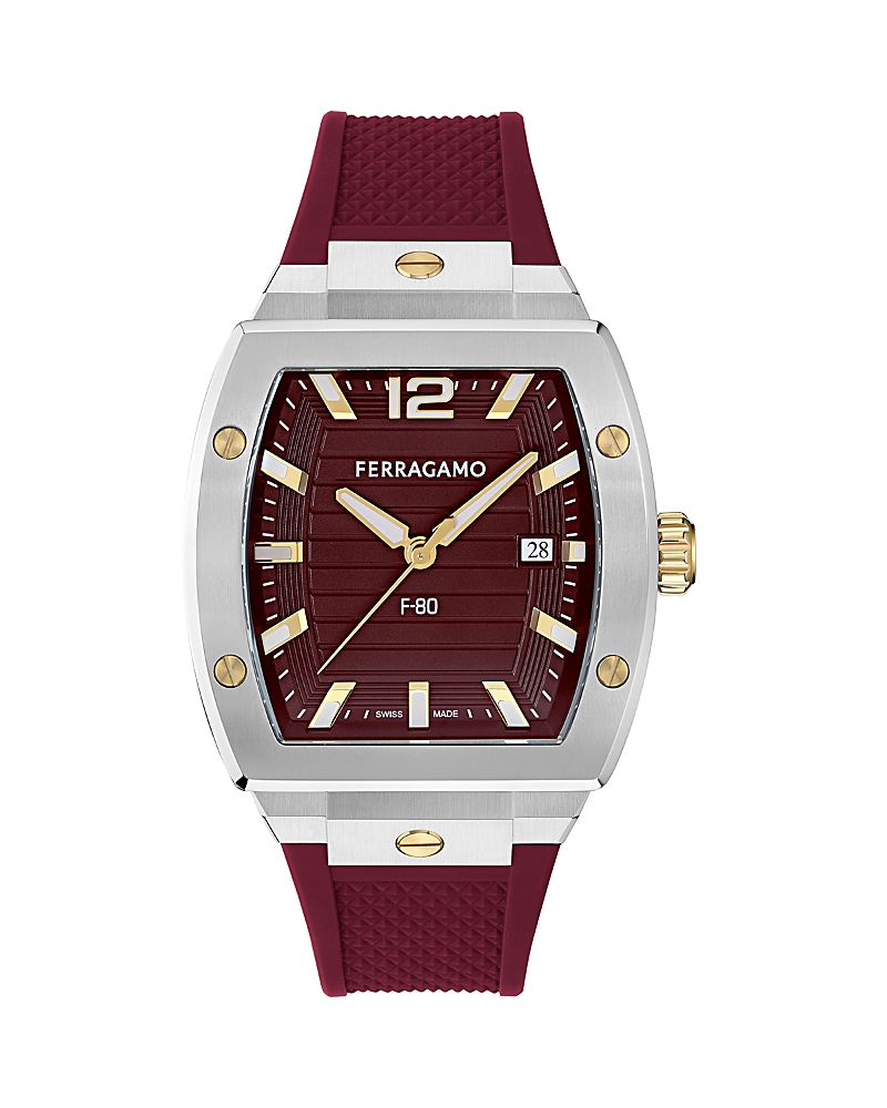 Ferragamo Men's Swiss F-80 Tonneau Burgundy Polyurethane Strap Watch 42mm In Brown
