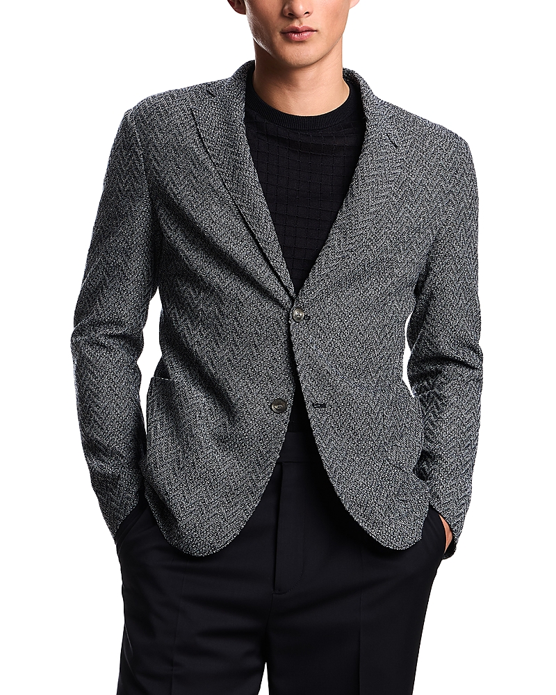 Emporio Armani Chevron Motif Knit Effect Wool Regular Fit Blazer In Gray